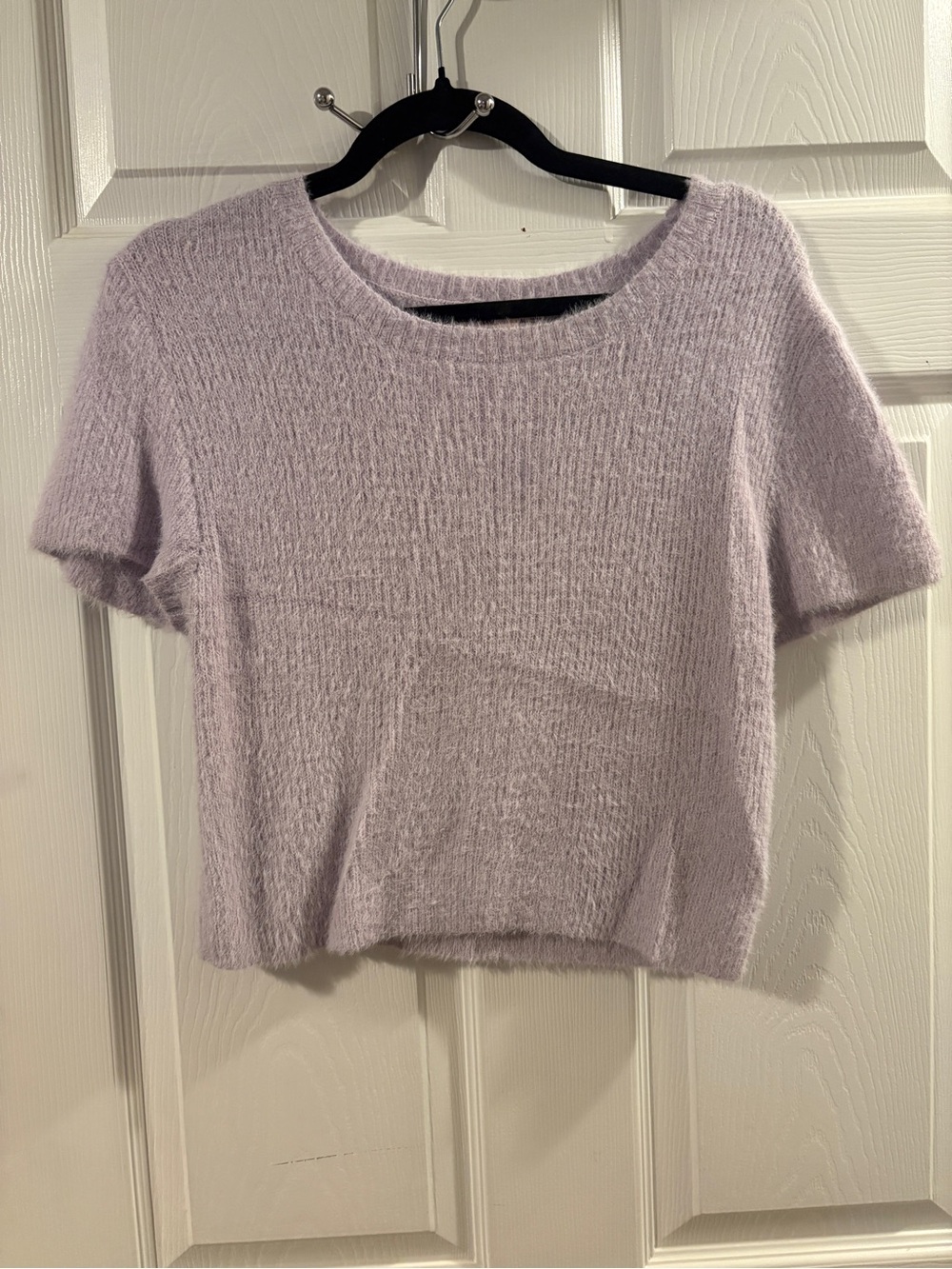 Francesca's Collections Fuzzy Short-Sleeve Crop Top in Lavender